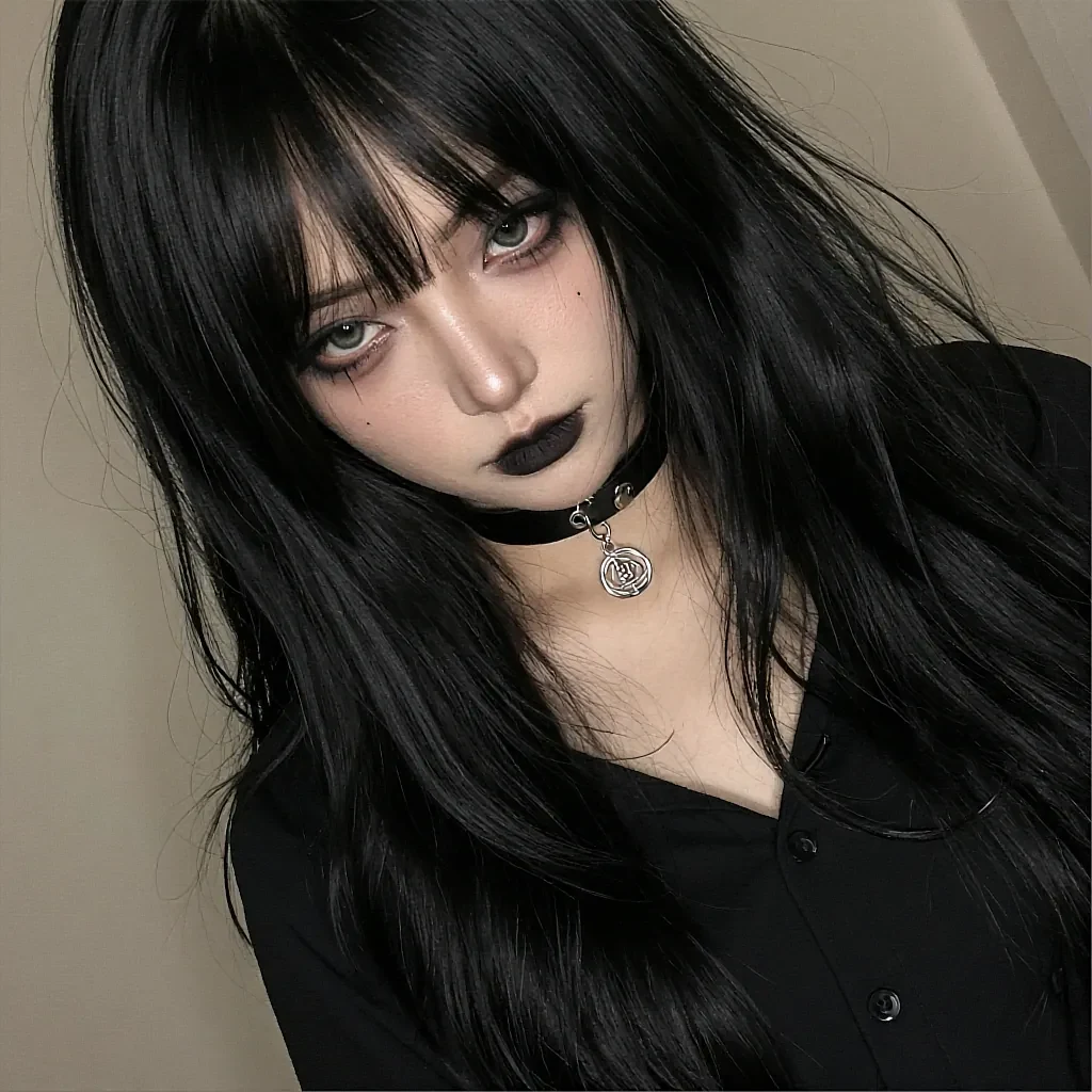 Round lamp portrait of a dark-haired fictional AI character wearing a black choker