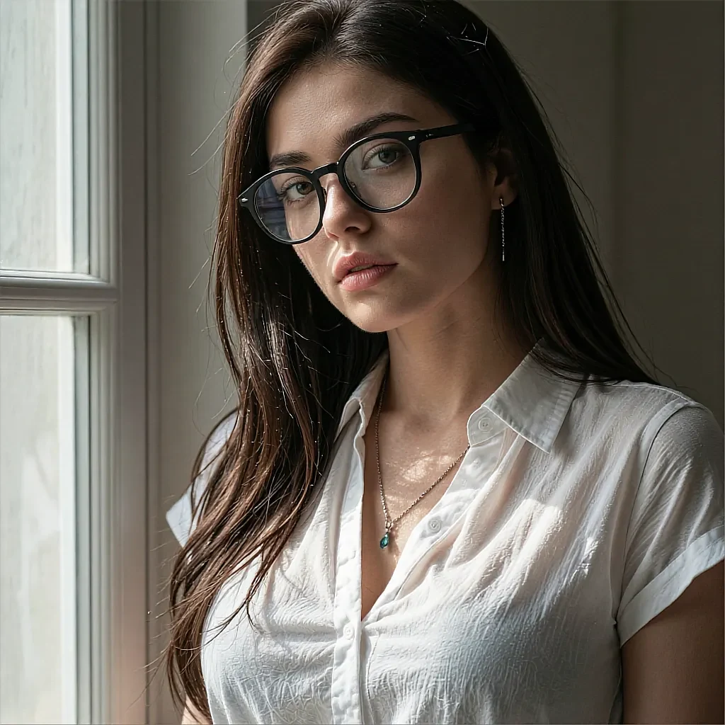 Round lamp portrait of a fictional AI character in glasses and a white shirt by a window