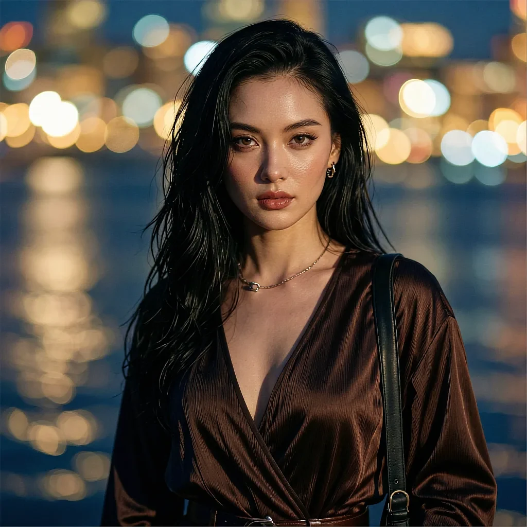 Round lamp portrait of a fictional AI character in brown satin against city lights