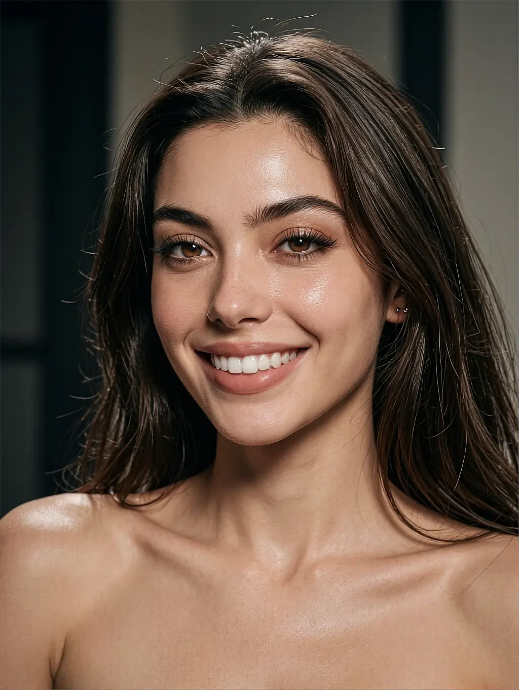 Fictional AI character laughing, bare shoulders, against a plain warm wall