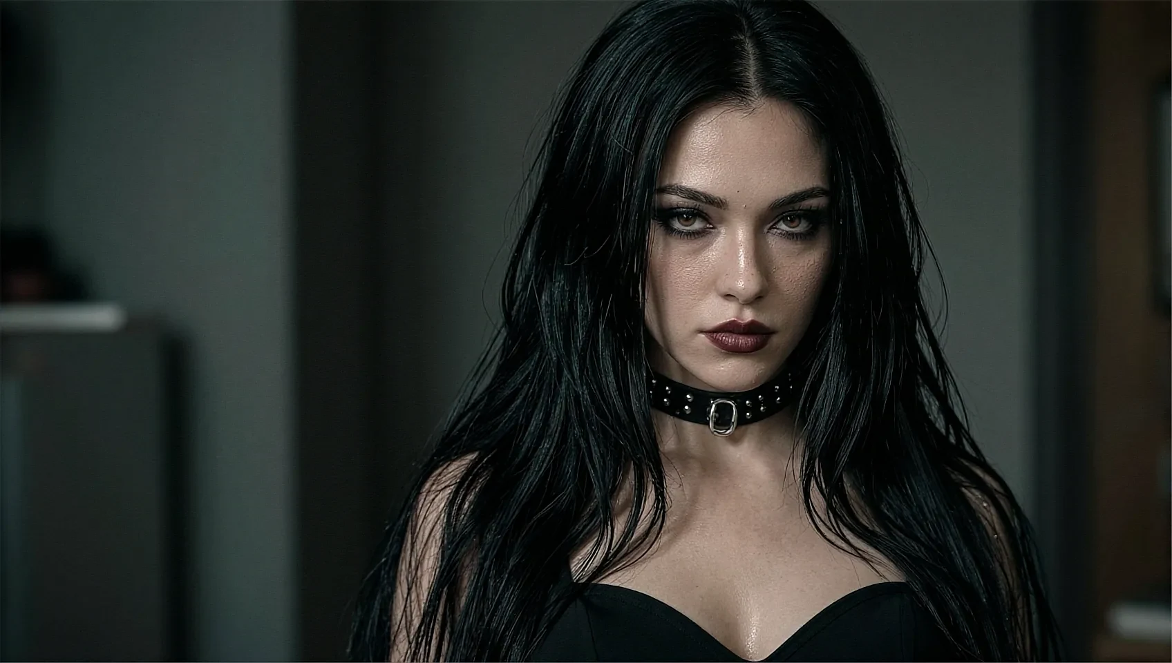 Wide night frame of a fictional AI character in a black top as the car reaches the top floor