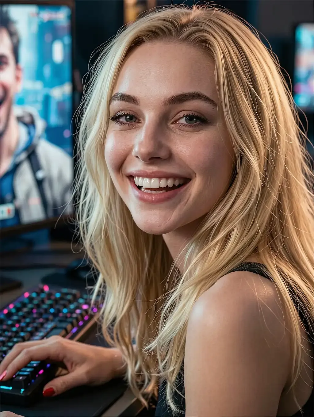 Blonde fictional AI character laughing at a desk lit by a screen