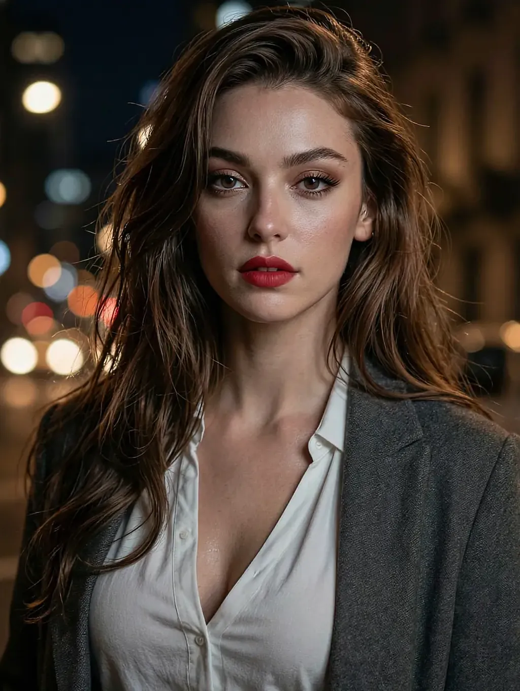 Fictional AI character in a white shirt and grey coat, red lipstick, city bokeh behind her