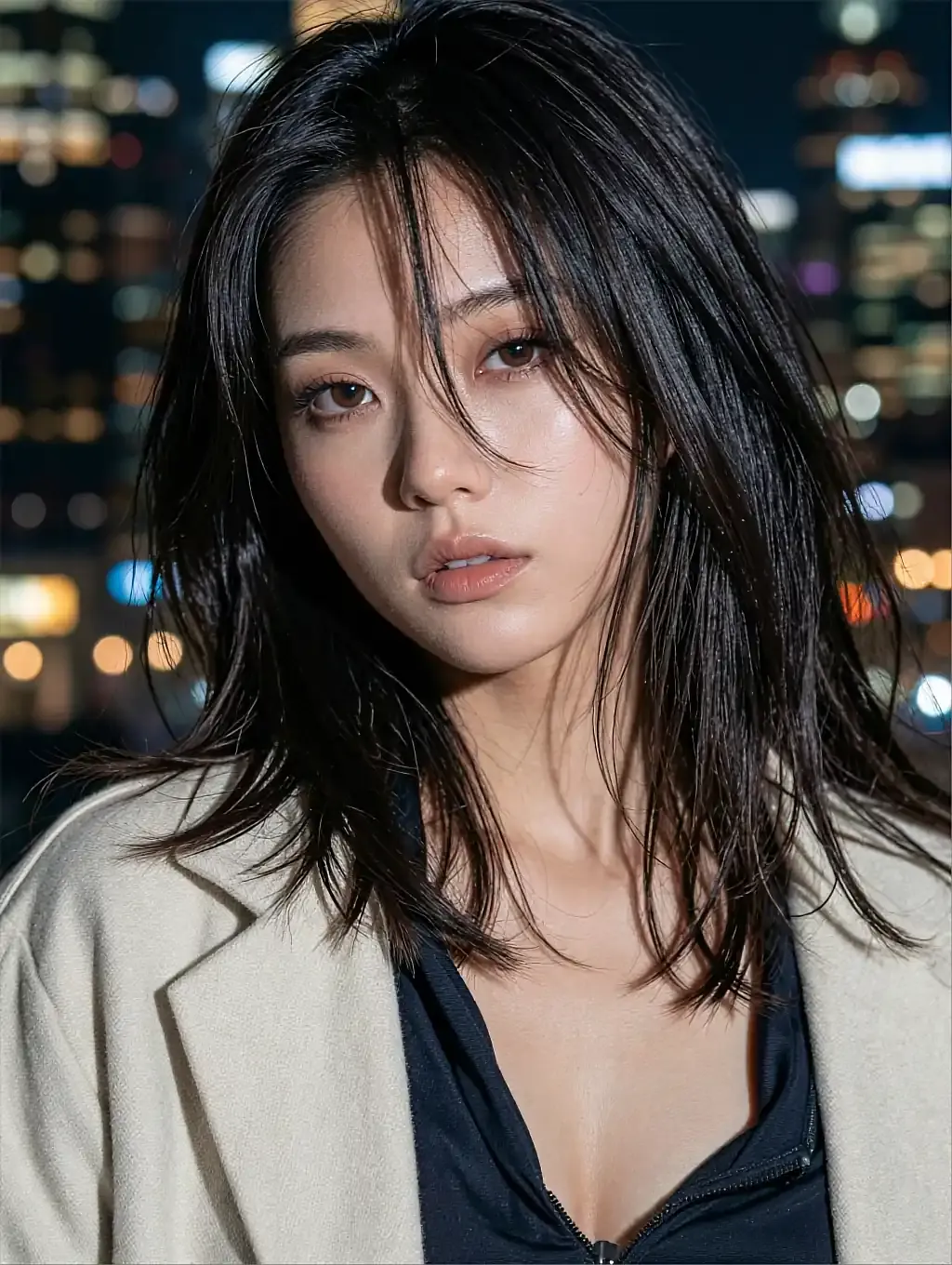 Fictional AI character in a cream blazer over a black top, city lights behind her