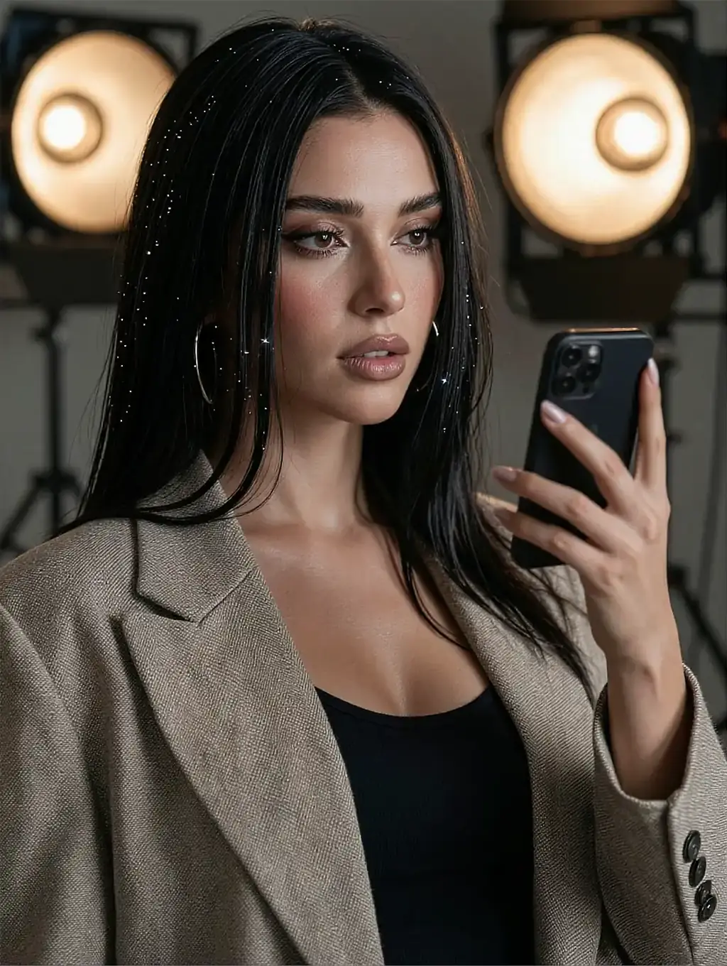 Fictional AI character in a beige coat holding a phone between two studio lamps